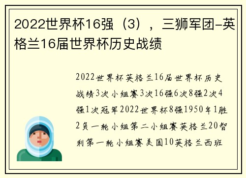2022世界杯16强（3），三狮军团-英格兰16届世界杯历史战绩